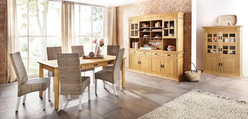 OTTO home Sideboard Vinales, Kommode, 4 Schubkästen, 4 Türen, 4 Fächer (B/T/H:202/39/83 cm), Massivholz, Messinggriffe im Jugendstil, Zierleisten, eleganter Sockel, Beige, – Produktbild 3 von 5