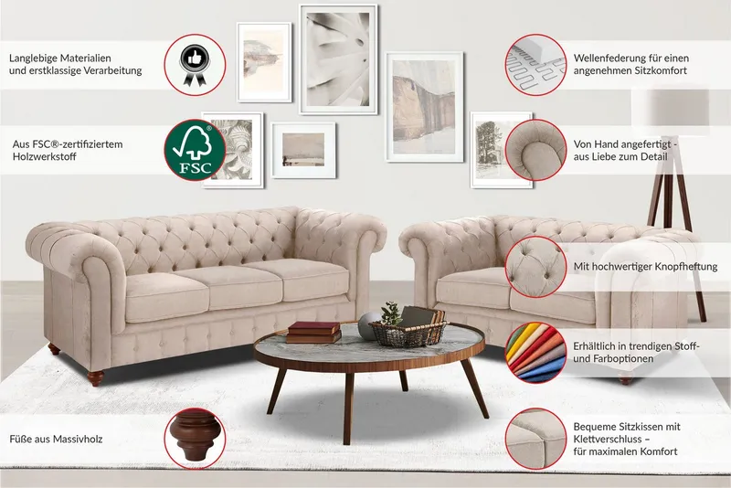 OTTO home Sitzgruppe Chesterfield, (2-tlg), hochwertige Knopfheftung, bestehend aus 2- und 3-Sitzer, Grau, – Produktbild 3 von 8
