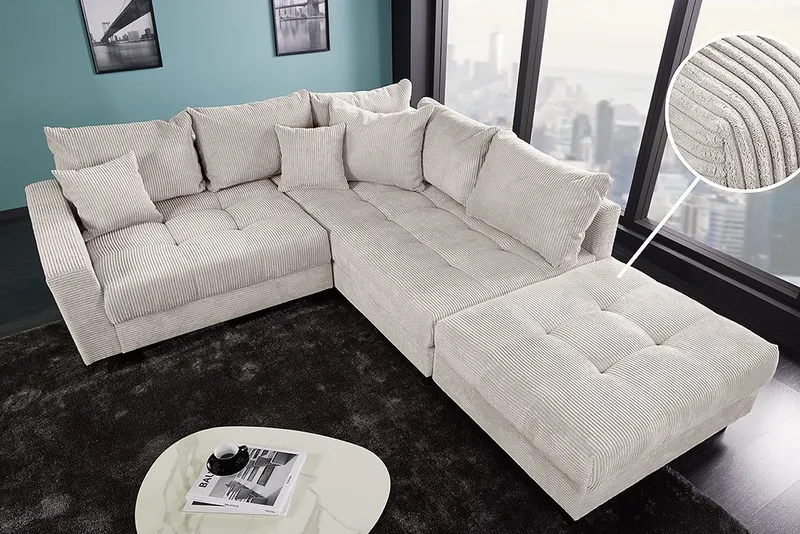 riess-ambiente Ecksofa KENT 220cm beige schwarz - Cord, L-Form, Federkern, FSC-zertifiziert, Einzelartikel 1 Teile, Moderne Wohnlandschaft inkl. Hocker - ideal für Wohnzimmer u. Familien, Beige, – Produktbild 1 von 5