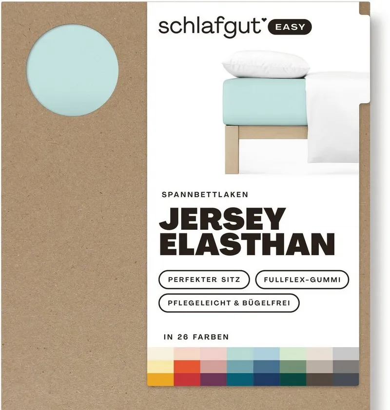 Schlafgut Schlafgut Spannbettlaken EASY JERSEY ELASTHAN Bettlaken, 170 g/m², 95% Baumwolle, 5% Elasthan, Jersey, Gummizug: rundum, (1 Stück), Spannbettlaken bis 30 cm Höhe, bügelfrei, pflegeleicht, perfekter Sitz, Blau, – Produktbild 3 von 5