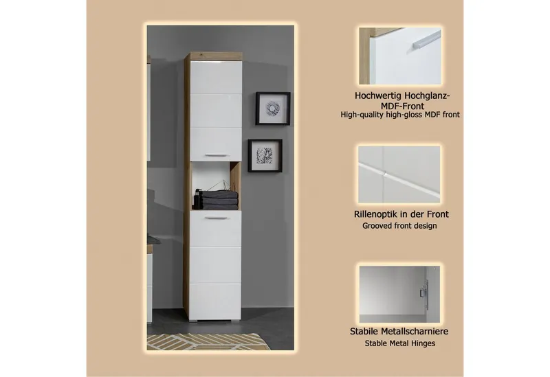 welltime Hochschrank Avena Badschrank mit 2 Türen & 1 Fach - (B/T/H) 37/31/190 cm, Beige, – Produktbild 1 von 4