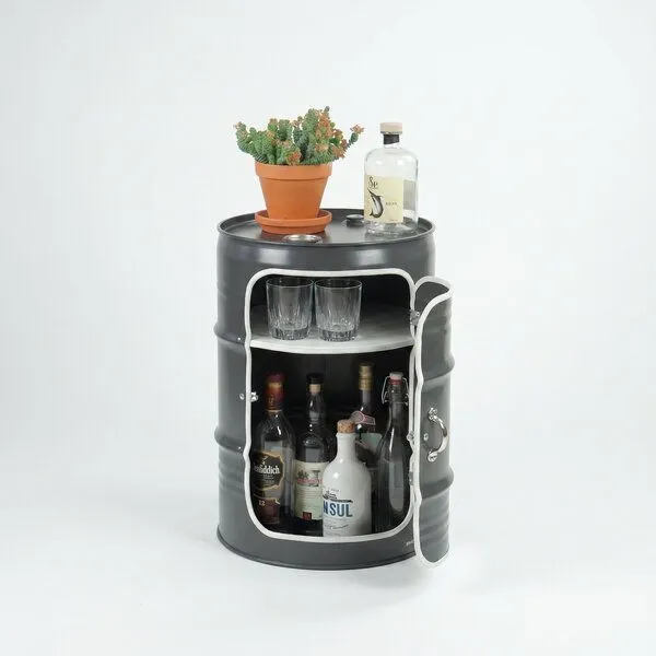 Lockengelöt Lockengelöt Minibar mit Tür aus einem kleinen Ölfass, Grau, – Produktbild 3 von 4