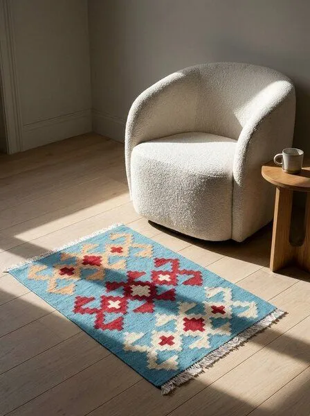 Rugtales Kelim Gashgai „Rugtales“ aus Schurwolle, 43x65 cm, Blau, – Produktbild 1 von 4