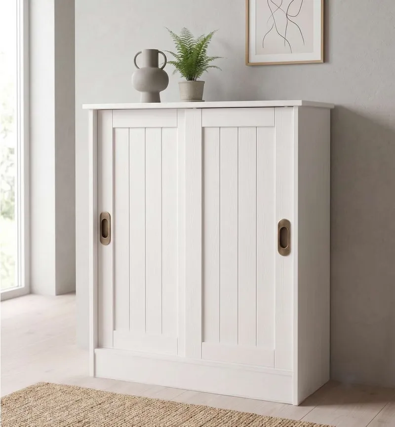 OTTO home Schuhschrank Malmö Schuhkommode mit Schiebetüren (B/T/H: 77/37/89 cm) aus massiver FSC®-zertifizierter Kiefer, Breite 77 cm, Weiß, – Produktbild 3 von 5