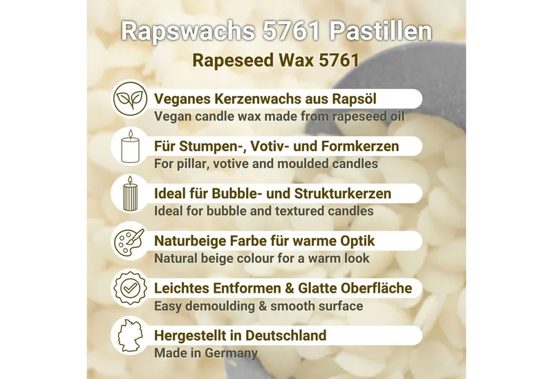 DistrEbution Bastelnaturmaterial Rapswachs Pastillen, Kerzenwachs 1–25 kg Veganes, pflanzliches Wachs, Kerzen gießen, ideal für Stumpenkerzen, Strukturkerzen & Motivkerzen – Produktbild 3 von 7