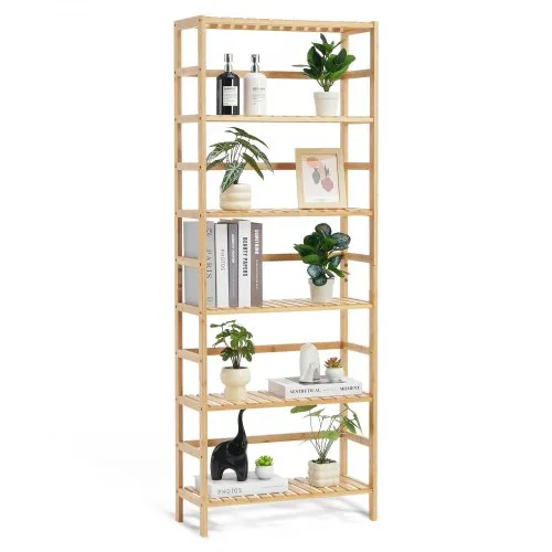 Vevor Vevor Bücherregal mit 6 Ablagen aus Bambus, Aufbewahrungsregal, freistehender multifunktionaler Blumenpflanzenständer Aktenregal ideal für Badezimmer Schlafzimmer Büro Arbeitszimmer Naturfarbe – Produktbild 1 von 1