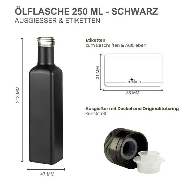 mikken mikken 2er Set Ölflasche mit Ausgießer 250 ml Glasflaschen inkl. 2 Etiketten, Black, – Produktbild 3 von 3