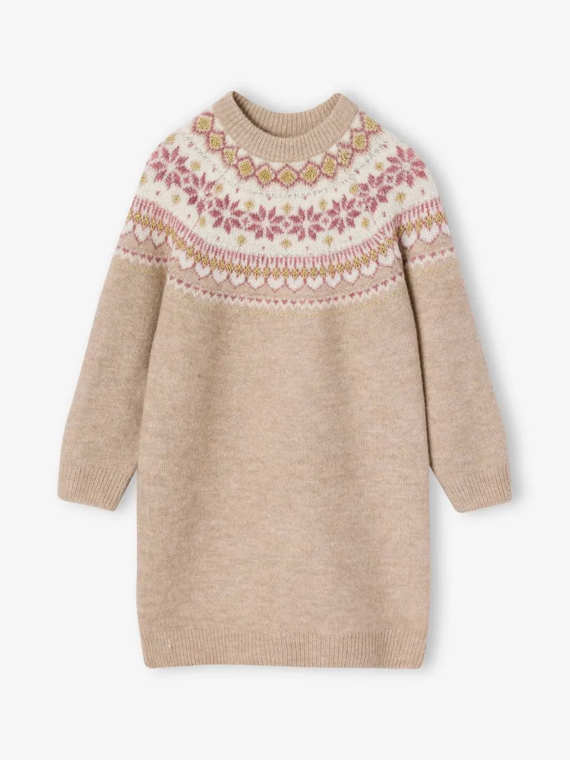 Vertbaudet Strickkleid mit Glitzereffekt Mädchen 43% Recycling-Polyester GRS-zertifiziert, Camelfarben, – Produktbild 1 von 2