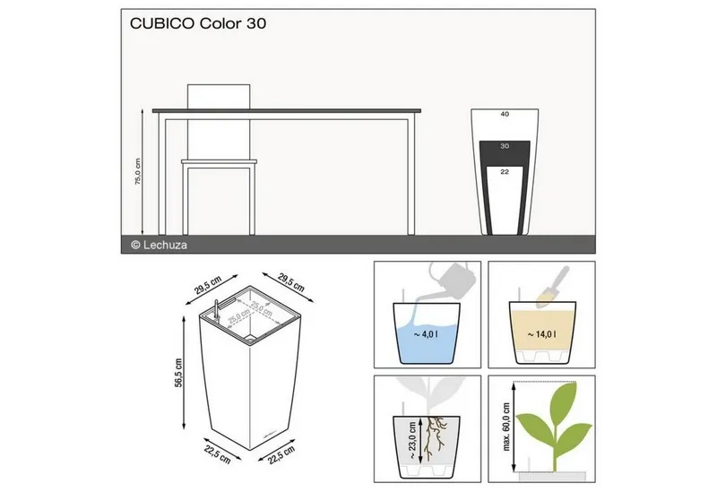 Lechuza® Lechuza® Pflanzkübel Pflanzgefäß Cubico Color 30 weiß (Komplettset), Weiß, – Produktbild 4 von 6