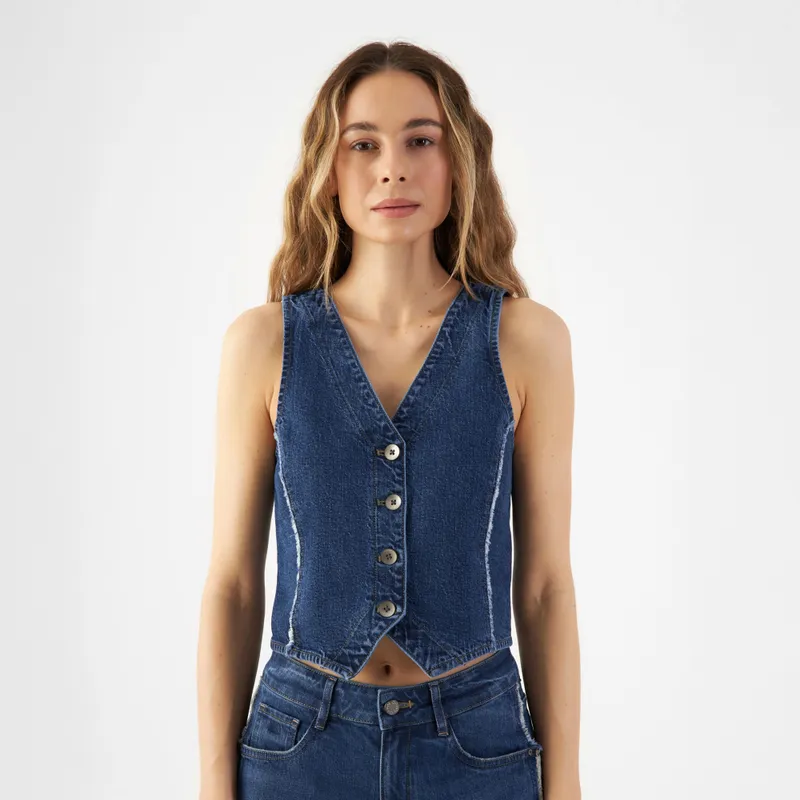 DAWN ASTRA Minimal Stretch - fitted frayed denim vest - Dark Blue - XS – Produktbild 1 von 1