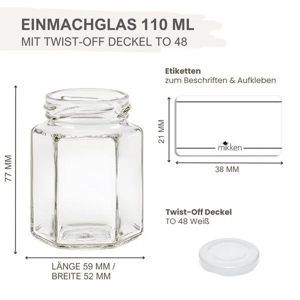 mikken mikken 100 kleine Marmeladengläser 110 ml Einmachgläser mit Schraubdeckel, Weiss, – Produktbild 3 von 3