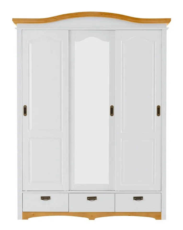 OTTO home Schiebetürenschrank Konrad, Landhausstil, rustikal, mit Schubladen + Spiegel, Kassetten (B/H/T ca. 153 cm x 207 cm x 64 cm) massive Kiefer, FSC®-zertifiziert, Messinggriffe, Weiß, – Produktbild 4 von 5