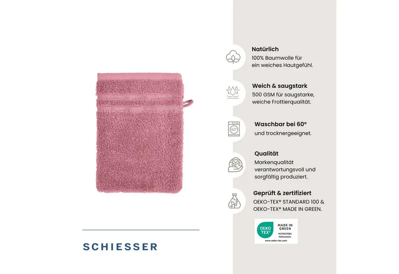Schiesser Schiesser Waschhandschuh Milano Waschhandschuh-Set aus weicher Baumwolle in Frottier-Qualität, (5-St), mit Webbordüre, Rosa, – Produktbild 2 von 5