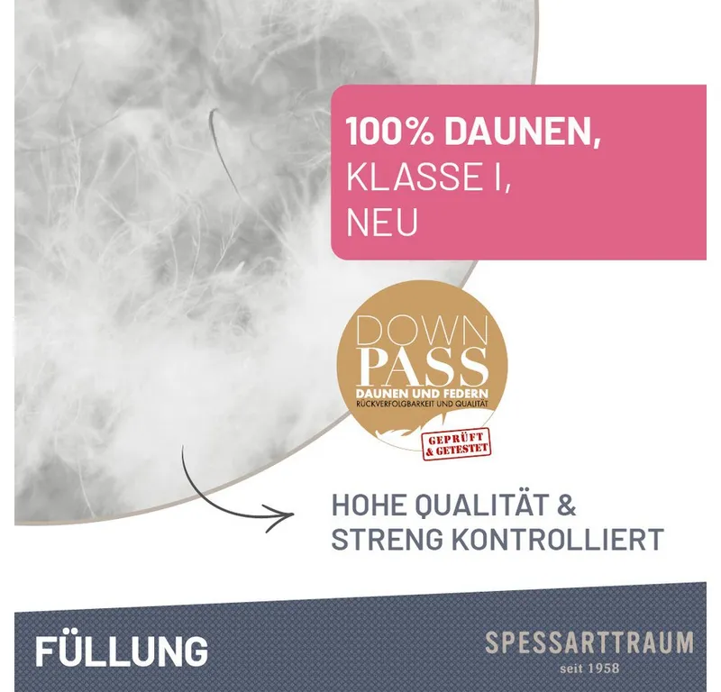 Spessarttraum Spessarttraum Daunenbettdecke Exklusiv 100% Daunen, hergestellt in Deutschland, Füllung: 100% Daunen, Klasse 1, Downpass zertifiziert, Bezug: 100% Baumwolle, Made in Green, Hausstauballergiker geeignet, 5 Wärmeklassen & 8 Größen, Bestseller, Weiß, – Produktbild 3 von 6