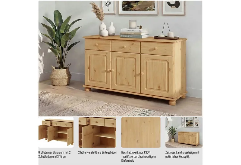 OTTO home Sideboard Mette Kommode mit 3 Türen & 2 Schubladen, eine ist optisch geteilt, Kommode mit gefrästen, kugelförmigen Füßen, Breite 120 cm, Beige, – Produktbild 4 von 5