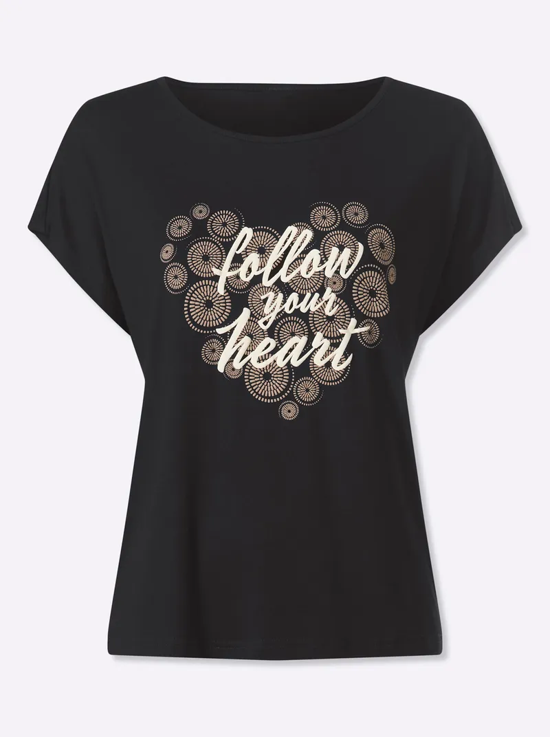 heine Kurzarmshirt schwarz-beige-bedruckt, Schwarz-beige-bedruckt, – Produktbild 1 von 2