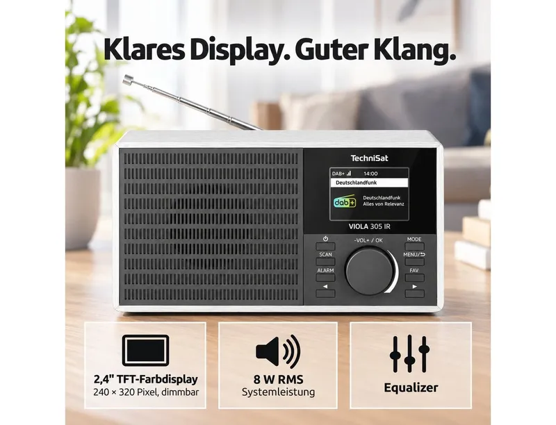 Technisat Technisat VIOLA 305 IR Internet-Radio (Digitalradio (DAB), Internetradio, FM-Tuner mit RDS, 8 W, Bluetooth 5.3, Wecker, Sleep-Timer, Equalizer, dimmbares Farbdisplay), Silberfarben, – Produktbild 4 von 5