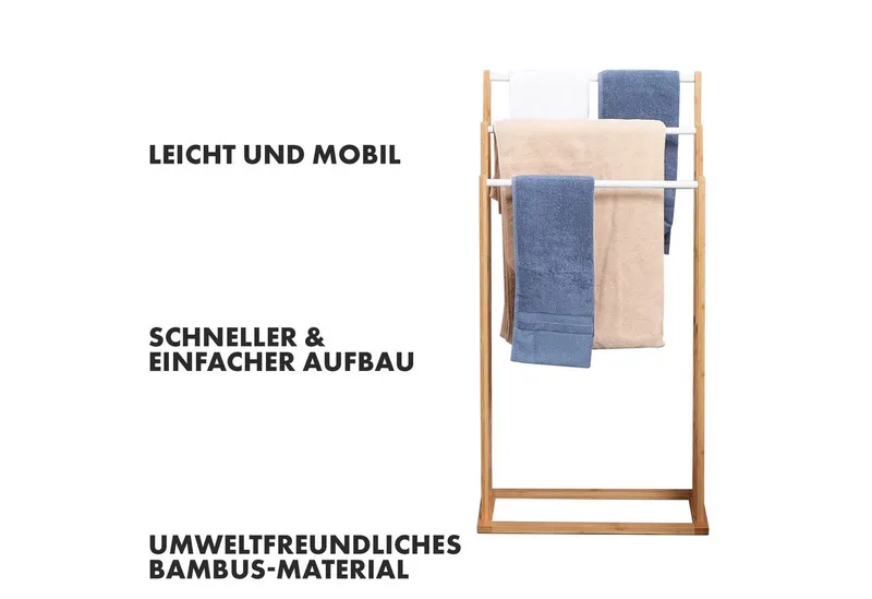 Floordirekt Handtuchhalter aus Bambus Kentucky, Kompaktes Design für optimale Raumausnutzung, 3 versetzten Stangen für schnelle Trocknung, Beige, – Produktbild 5 von 5