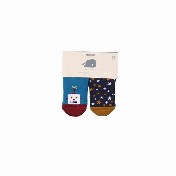 Walkiddy Baby Gripper-Socken GOTS zertifiziert Bio-Baumwolle „Space Trip“ Dunkelblau rutschhemmend weich – Walkiddy – Produktbild 1 von 2