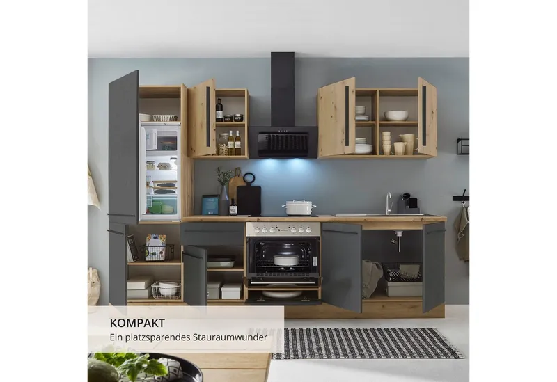KOCHSTATION Küchenzeile KS-Florida mit 38mm starker Arbeitsplatte, Breite 270 cm, wahlweise mit E-Geräten, Soft-Close-Funktion, Schwarz, – Produktbild 5 von 5