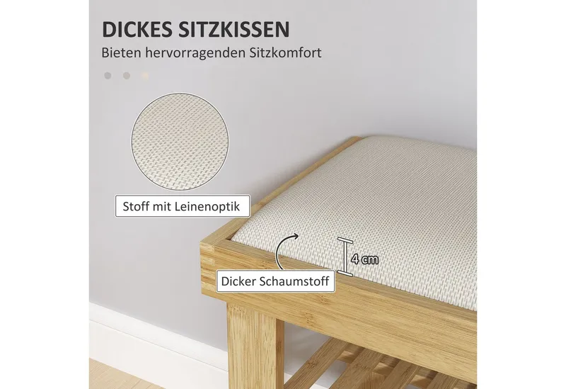 HOMCOM HOMCOM Schuhbank Bambus Sitzbank, Schuhregal 2 Fächer, Garderobenbank, 60x29x49cm (Schuhregal aus Bambus, 1-St., Schuhbank mit Sitzfläche), für Wohnzimmer, Flur, Cremeweiß+Naturholz, Weiß, – Produktbild 4 von 5