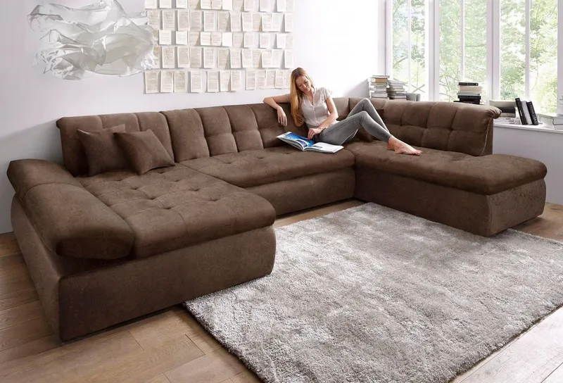 DOMO collection Wohnlandschaft NMORIC im XXL-Format, 353x216x80 cm, inkl. Zierkissen U-Form, wahlweise mit Bettfunktion und Armlehnenverstellung, Braun, – Produktbild 1 von 8