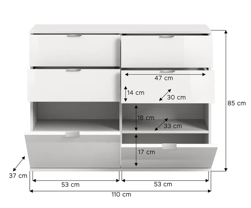 furnling Kommode Professor, 2 Klappen, 4 Schubladen, Hochglanz Front, Breite 110 cm, Weiß, – Produktbild 5 von 5