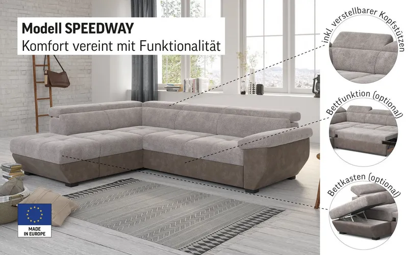 COTTA Ecksofa Speedway L-Form, B: 262cm, moderne Couch, bequeme Wellenunterfederung, Kopfteilverstellung, optional Schlaffunktion & Bettkasten, Grau, – Produktbild 4 von 8