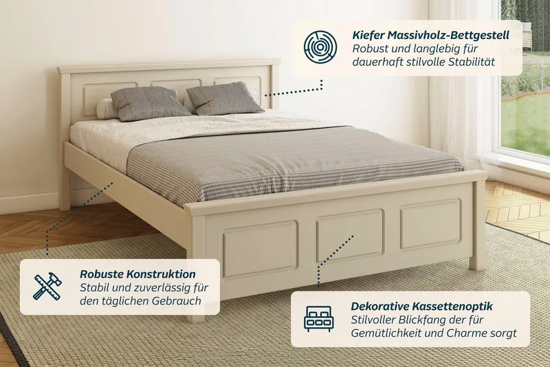 OTTO home Massivholzbett ERIKK', Made in Europe, optional mit Schublade, Massivholz Kiefer (FSC® zertifiziert), in mehreren Größen, Landhausstil mit Kassettenoptik, Beige, – Produktbild 7 von 8