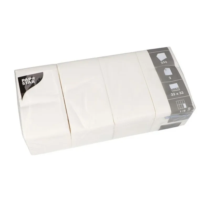 PAPSTAR PAPSTAR Papierserviette Servietten, 2-lagig 1/8-Falz 33 cm x 33 cm weiss 250 Stk, Weiß, – Produktbild 1 von 5