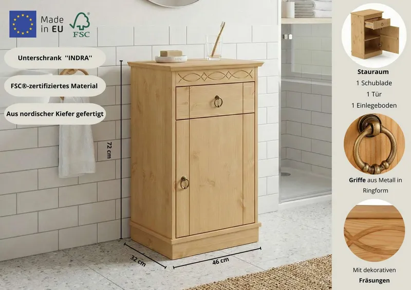 OTTO home Unterschrank Indra, Badschrank, Badmöbel, Badezimmerschrank (B/T/H: 46/32/73 cm) aus massiver Kiefer, mit Schublade, FSC®-zertifiziert, Beige, – Produktbild 1 von 5