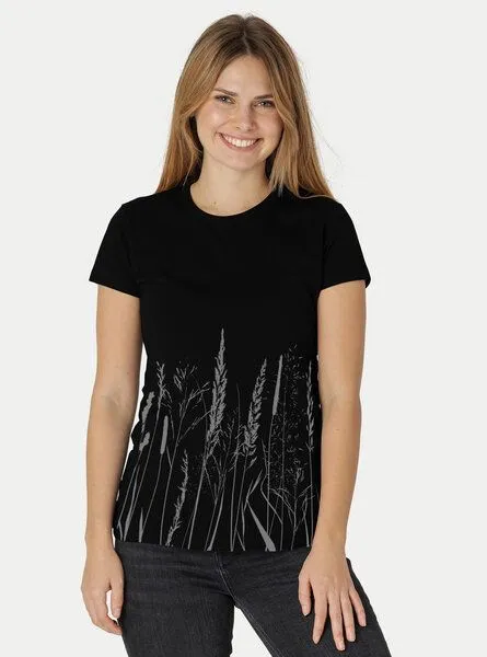 Peaces.bio - handbedruckte Biomode Peaces.bio - handbedruckte Biomode Damen Fit T-Shirt Gräservielfalt, Schwarz, – Produktbild 2 von 2