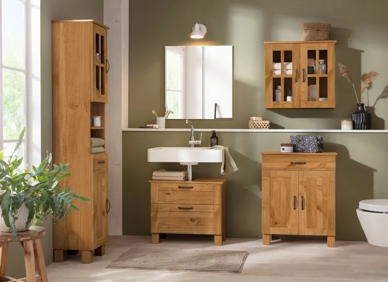 Home affaire Waschbeckenunterschrank Rodby FSC®-zertifiziertes Massivholz, Griffe Metall, Breite 60cm, Höhe 55cm, Beige, – Produktbild 3 von 8