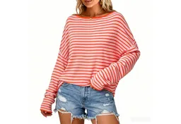 Arach&Cloz Langarmshirt Damen Oversize Shirt, Gestreiftes Off-Shoulder Top für Sommer und Urlaub – Produktbild 1 von 1