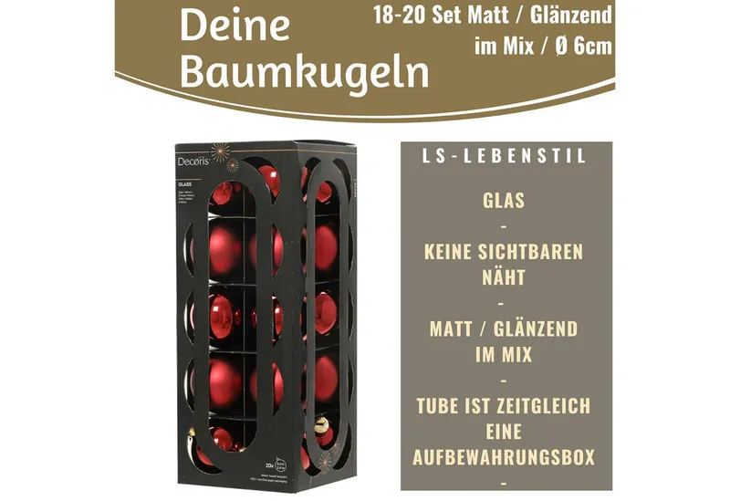 LS-LebenStil Weihnachtsbaumkugel 18-20 Design Glas Weihnachtskugeln 6cm Rot Ochsenblut Christbaum Deko (18 St), Edle Weihnachtsdeko Matt / Glänzend Weihnachtsbaumschmuck Deko Kugeln, Rot, – Produktbild 2 von 4