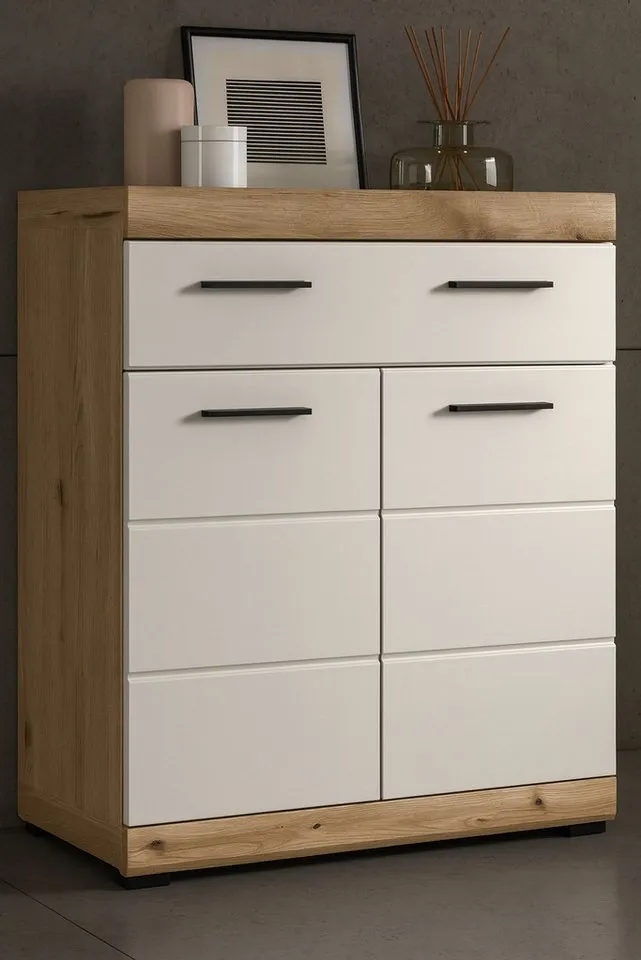 Inn.Furn Badkommode Shawn (Badschrank in Eiche und Sand / Kaschmir, 2-türig, 74 x 88 cm), mit Vollauszug, Beige, – Produktbild 5 von 5
