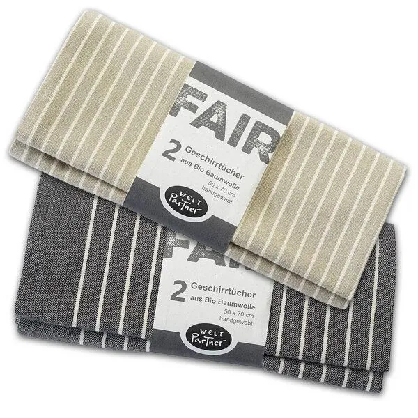 weltPartner weltPartner Geschirrtücher mit Streifen, 2er-Set aus Bio-Baumwolle, Anthrazit/naturweiß (schwarz), – Produktbild 2 von 2