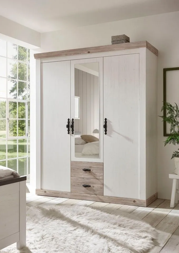Home affaire Drehtürenschrank Florenz Landhausschrank,rustikale Metallgriffe mit feinen Verzierungen Kleiderschrank mit Spiegel Schlafzimmerschrank BESTSELLER Garderobe, Weiß, – Produktbild 7 von 8