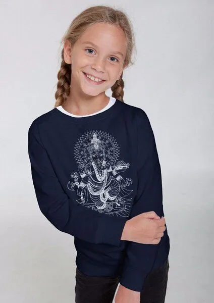 Peaces.bio - handbedruckte Biomode Peaces.bio - handbedruckte Biomode Bio-Kindersweatshirt "Ganesha", Navy, – Produktbild 1 von 3