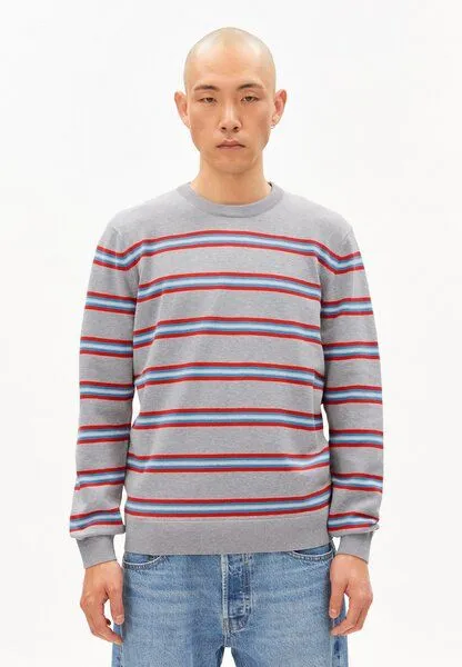 ARMEDANGELS ARMEDANGELS LOUKAA FINE STRIPE Herren Pullover aus Bio-Baumwolle, Silver melange-mars red, – Produktbild 1 von 4
