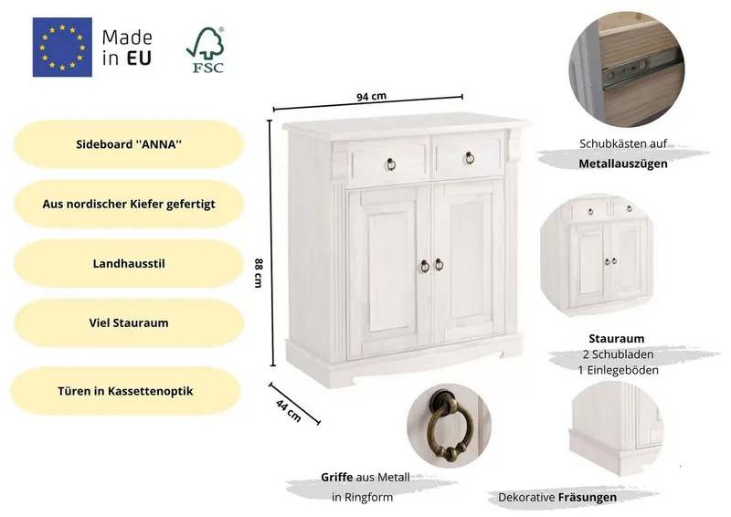 OTTO home Kommode Anna, Sideboard, Anrichte, Stauraumschrank (B/T/H: 94/40/88 cm), aus massiver Kiefer, Breite 94 cm, mit Kassettenoptik, FSC®, Weiß, – Produktbild 4 von 5
