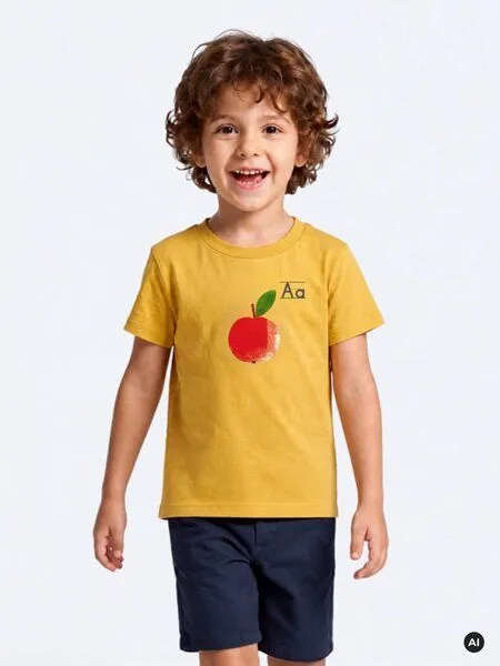 MelaDi Meladi Kinder Shirt aus Biobaumwolle - Apfel auf Ocre Gelb – Produktbild 5 von 6