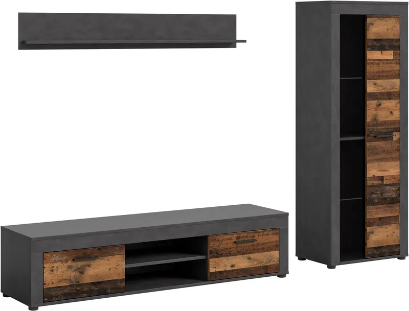 OTTO home Wohnwand AOSTA, Breite 235cm, 3-teilige Wohn-Kombination, (3-St., bestehend aus: Lowboard, Wandboard, Vitrine), Wohnwand, Kombination, Anbauwand, Möbel Set, Schrankwand, Möbel Kombi, Grau, – Produktbild 2 von 4