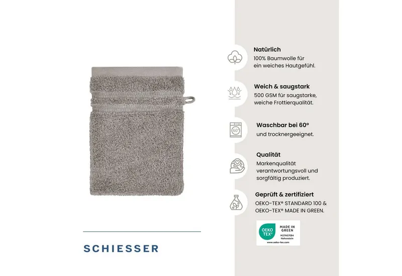 Schiesser Schiesser Waschhandschuh Milano Waschhandschuh-Set aus weicher Baumwolle in Frottier-Qualität, (5-St), mit Webbordüre, Silberfarben, – Produktbild 2 von 5