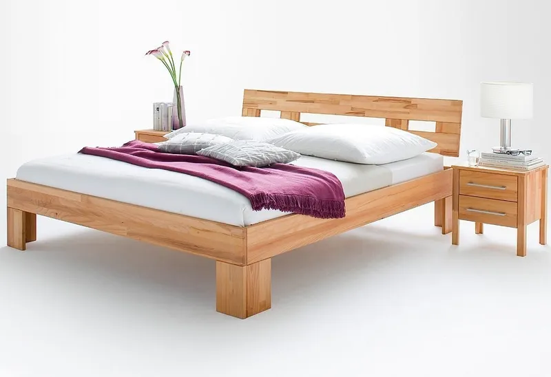 Home affaire Massivholzbett Modesty I Bett mit robustem Fußgestell in Winkelform (hohe Belastbarkeit: 200kg je Seite), aus massiver Kernbuche, FSC-zertifiziert, viele Breiten zur Auswahl, Beige, – Produktbild 2 von 5