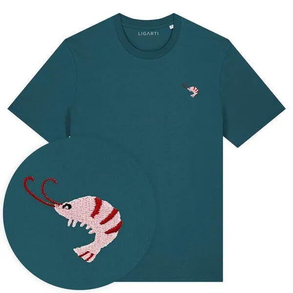 LIGARTI Besticktes T-Shirt – Nele der Shrimp – LIGARTI Tiermanufaktur, Petrol, – Produktbild 1 von 3