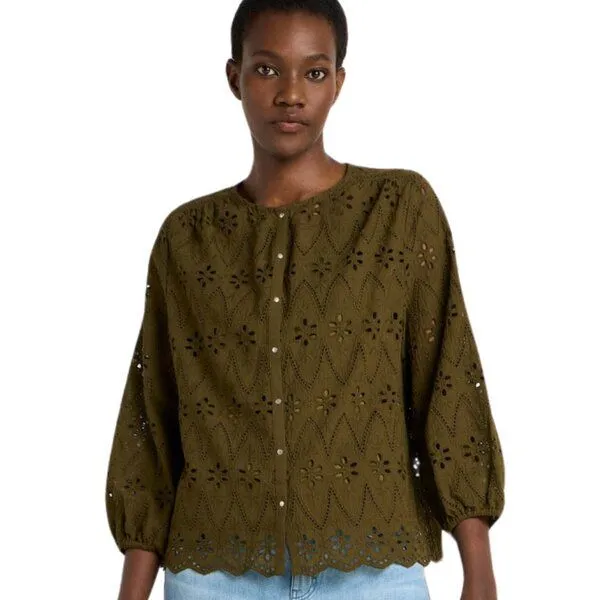 LANIUS LANIUS Spitzen-Bluse aus Bio-Baumwolle, Dark olive, – Produktbild 1 von 4