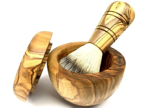 Olivenholz erleben Olivenholz erleben Rasier-2er-Set Rasierpinsel Kunsthaar und Rasierdose mit Deckel aus Olivenholz – Produktbild 3 von 4