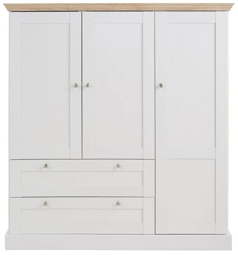 OTTO home Kleiderschrank Binz, Wäscheschrank, Mehrzweckschrank, skandinavischer Landhausstil (B/H/T ca. 122/130/35 cm) viele Stauraummöglichkeiten, Metallgriffe, Türen mit Rahmen/ Kassetten, Weiß, – Produktbild 4 von 5