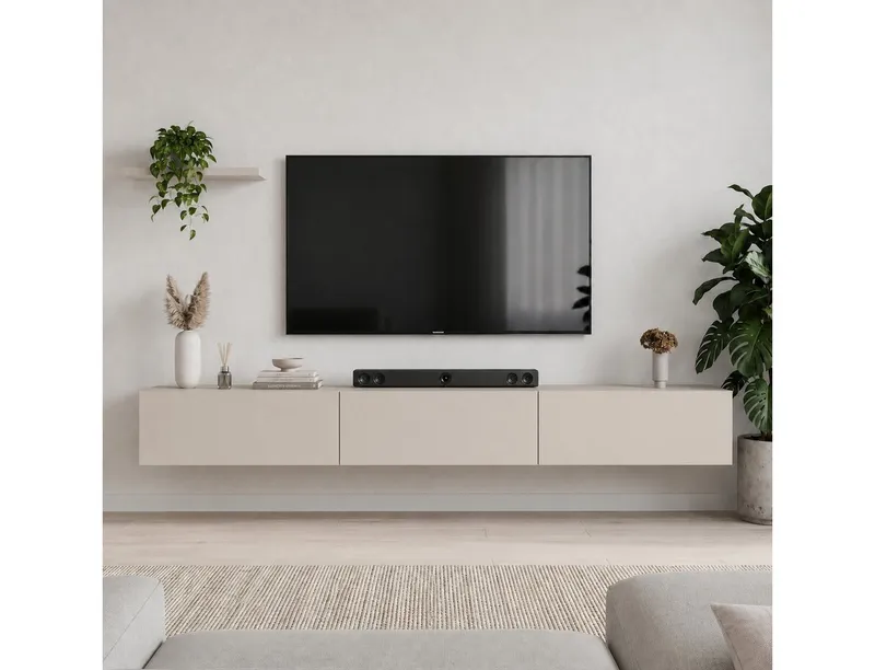 Planetmöbel TV-Schrank West TV-Board, Fernsehtisch 300 cm lang, TV-Lowboard (für Fernseher bis 85 Zoll, TV Schrank viel Stauraum, sideboard hängend, Fernsehschrank 3x 100 x 30 x 37,5 cm) kaschmir, Beige, – Produktbild 2 von 5